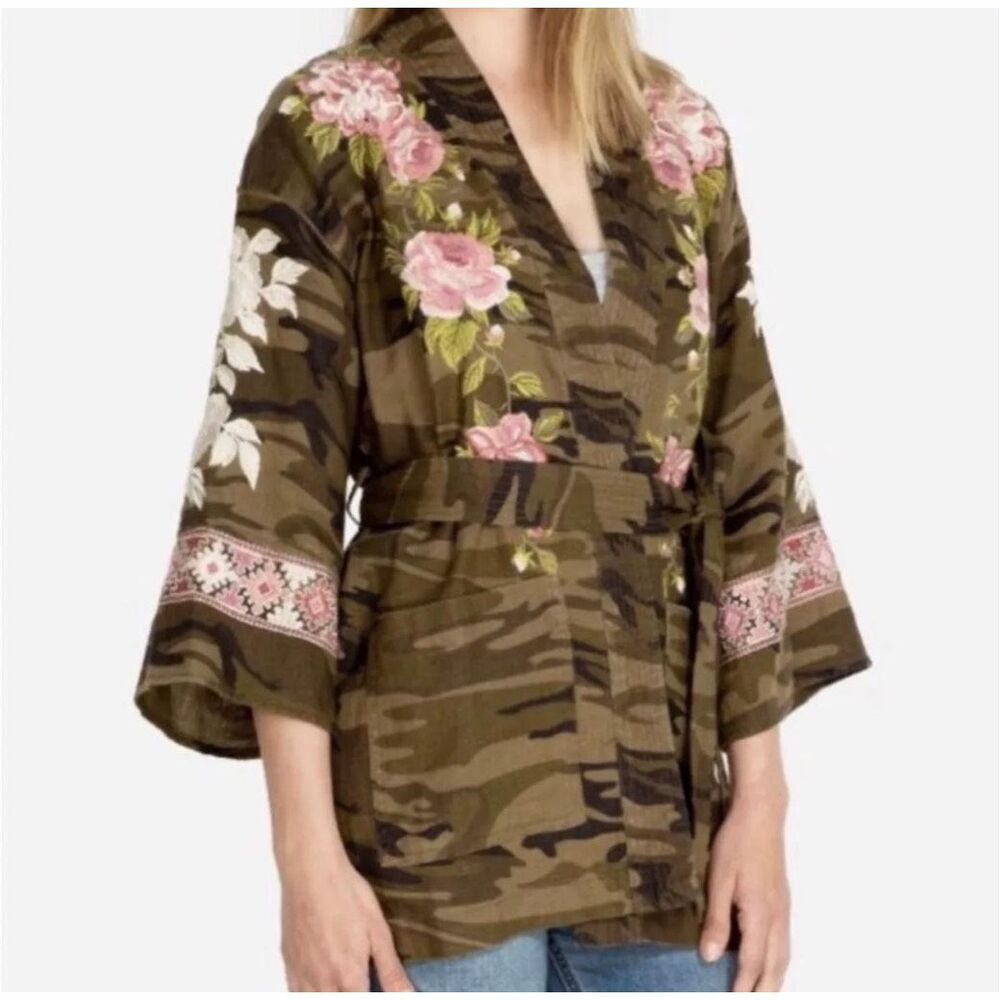 Johnny Was Women's Floral Camo Embroidered Belted Linen Kimono Jacket 2XL